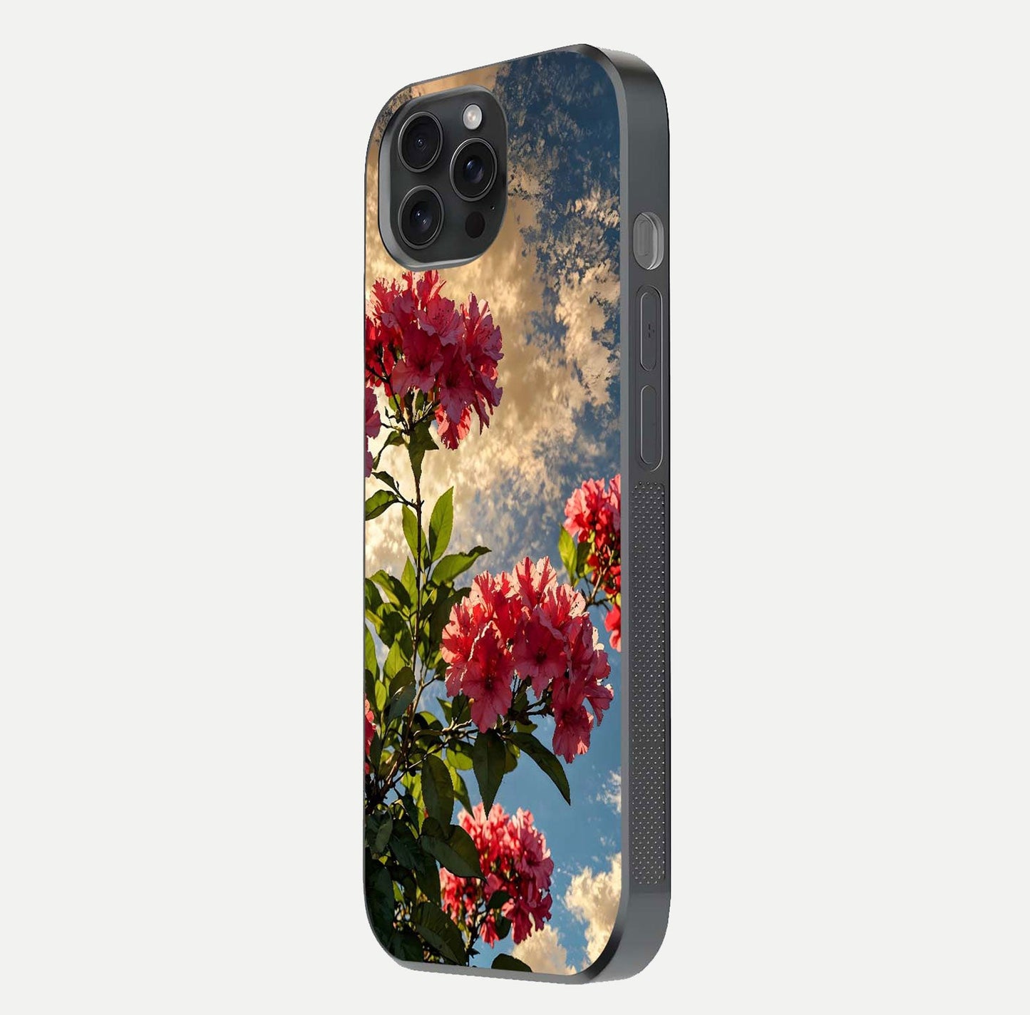 Red Bloom Skies Glass Case for iPhone 15 Pro side-angle image showing reflection, print clarity, and tone blend