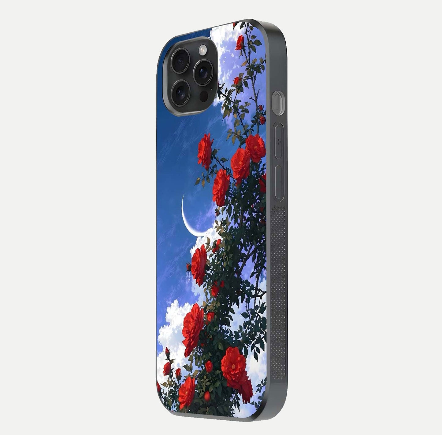 Rose Drift Flowers Glass Case for iPhone 15 Pro side-angle image showing reflection and petal detail