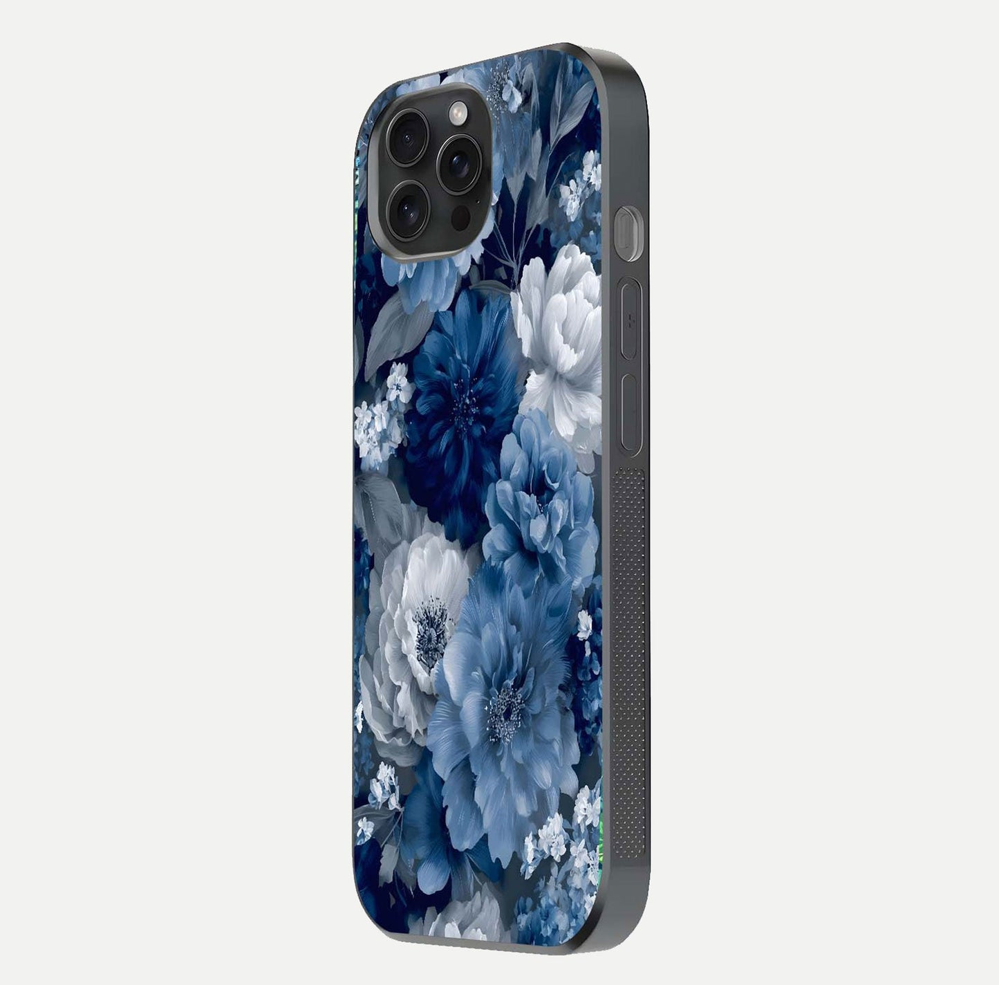 Royal Bloom Garden Glass Case for iPhone 15 Pro side-angle image showing floral pattern, edges, and reflection