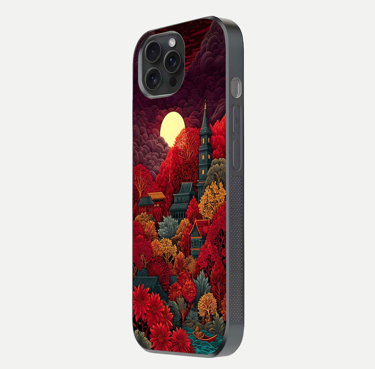 Scarlet Autumn Temple Glass Case for iPhone 15 Pro side-angle image showing color depth and reflection clarity