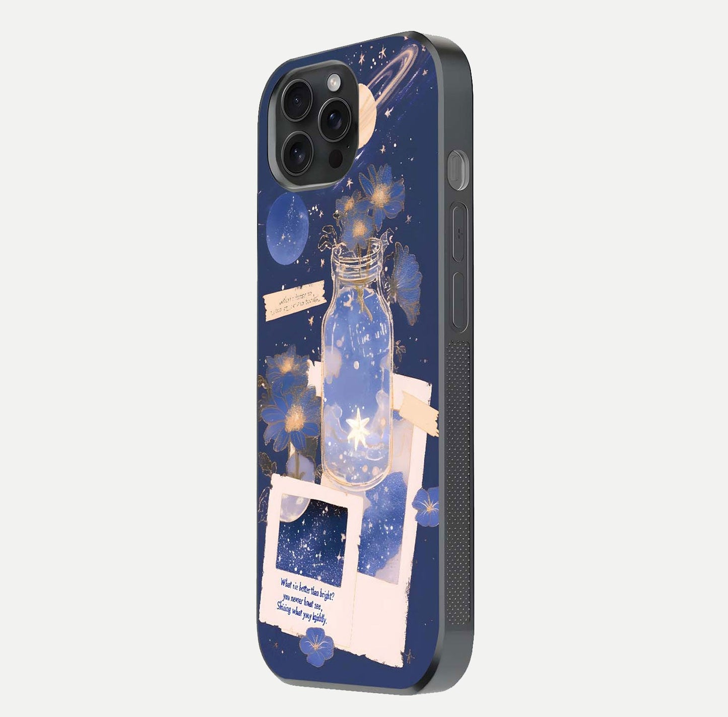 Starlit Cosmic Jar Glass Case for iPhone 15 Pro side-angle image showing glow, texture, and light reflection