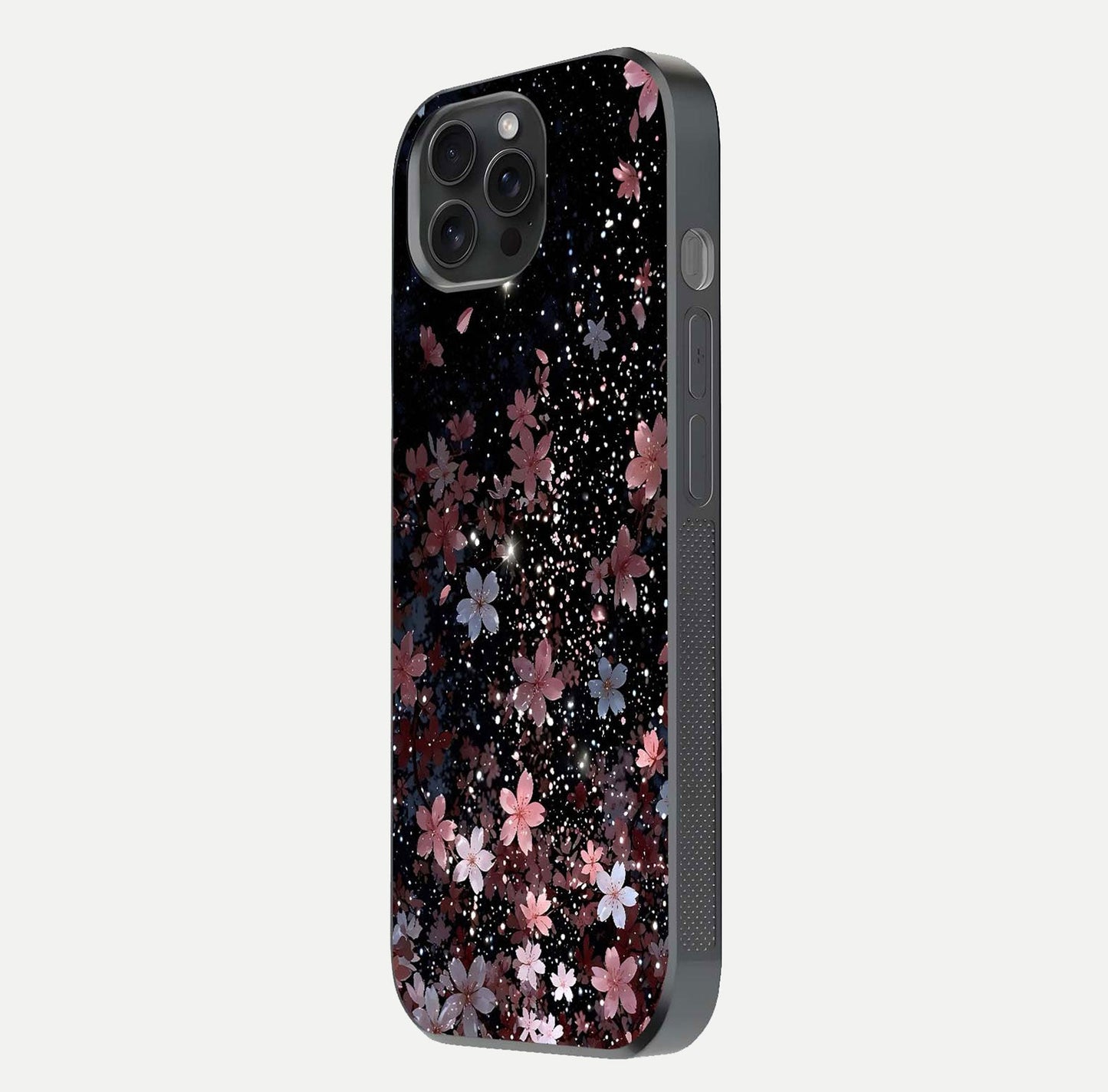 Starlit Flower Dreams Glass Case for iPhone 15 Pro side-angle image showing shine, edge detail, and floral contrast