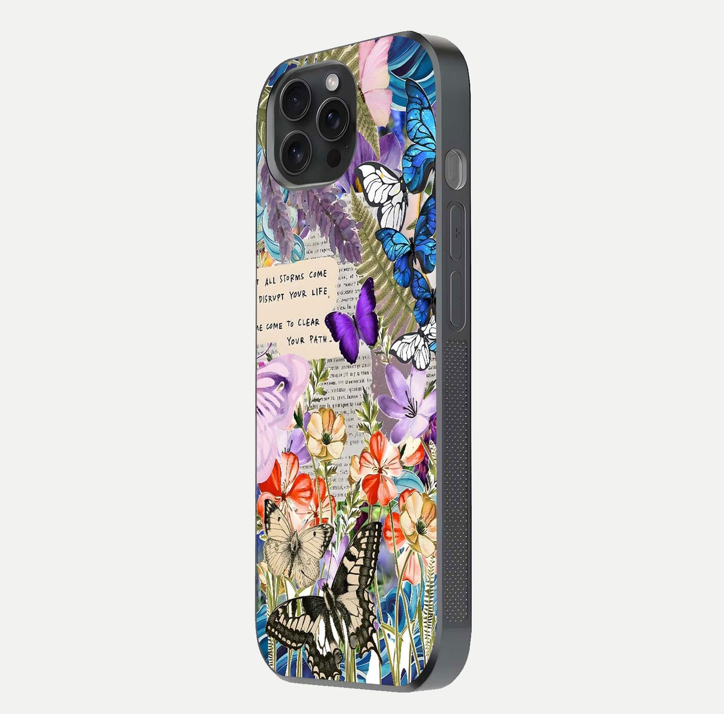 Storm Path Bloom Glass Case for iPhone 15 Pro side-angle image showing reflection, color contrast, and shine