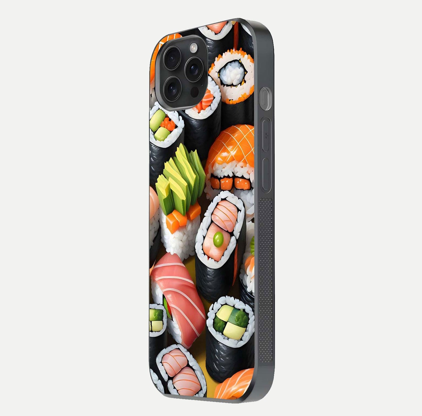 Sushi Food Pattern Glass Case for iPhone 15 Pro side-angle image showing shine, gloss, and sushi artwork