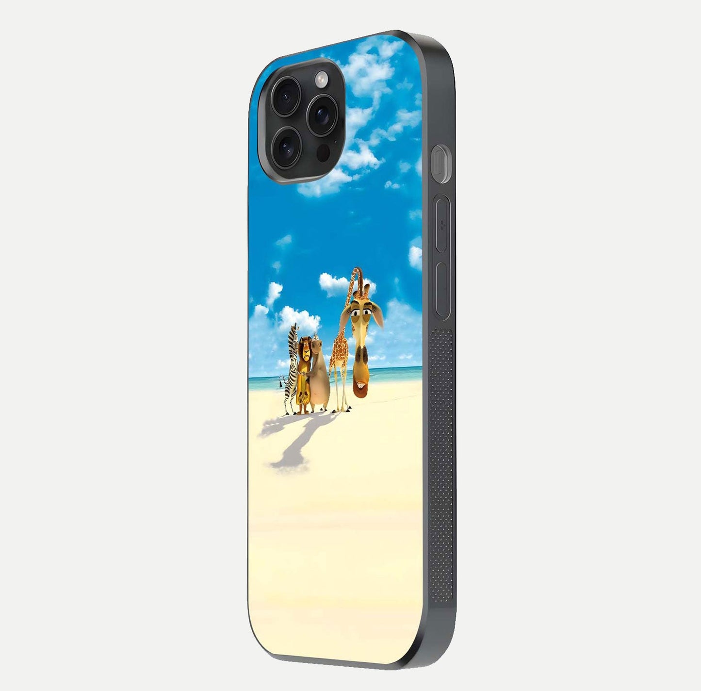 Tropical Fun Squad Glass Case for iPhone 15 Pro side-angle image showing shine, color depth, and surface gloss