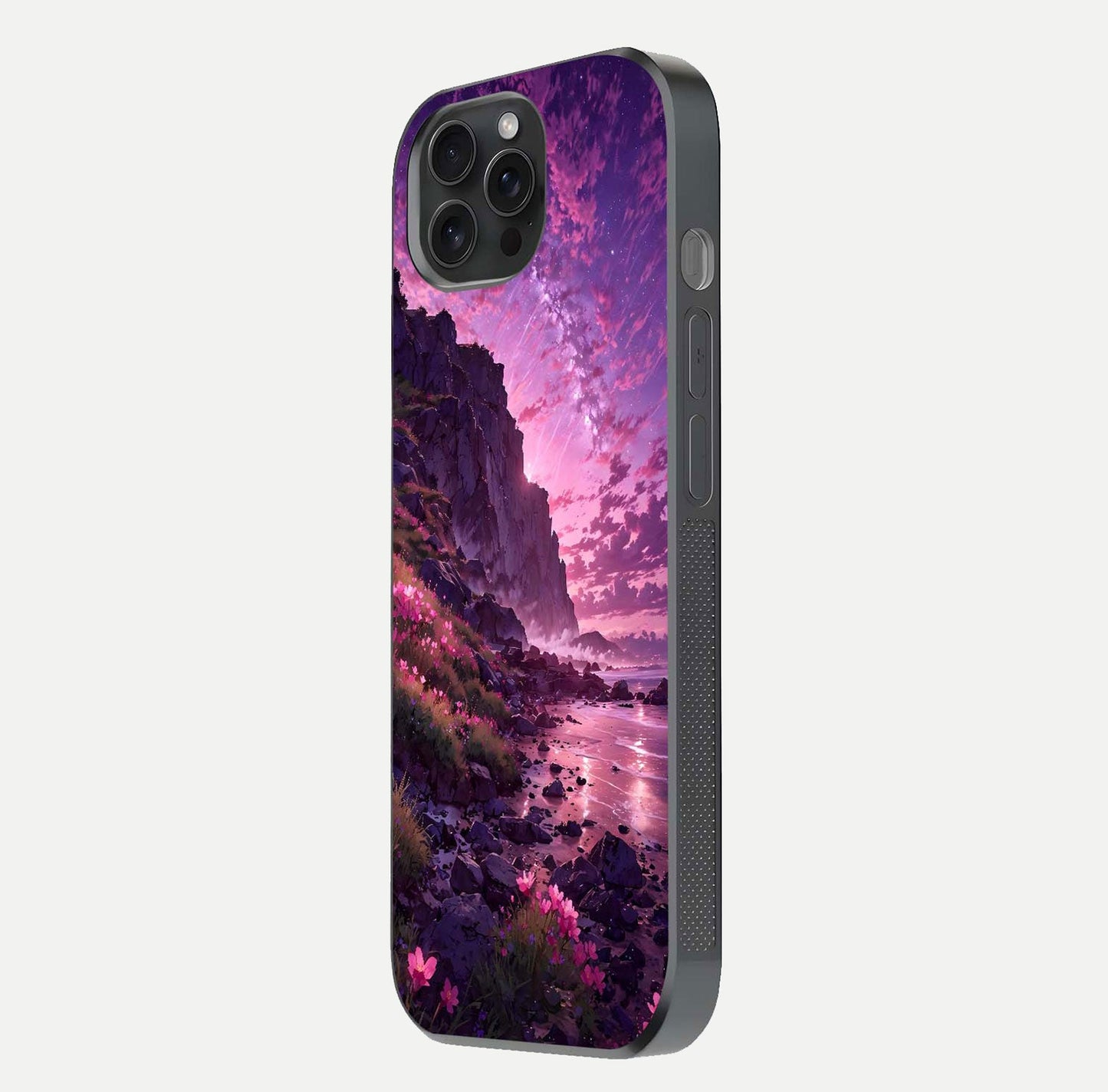 Twilight Blossom Coast Glass Case for iPhone 15 Pro side-angle image showing shine, reflection, and petal tone