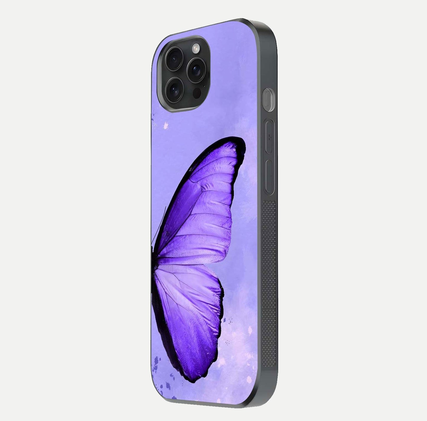 Violet Dream Wing Glass Case for iPhone 15 Pro side-angle image showing gloss, shine, and violet gradient