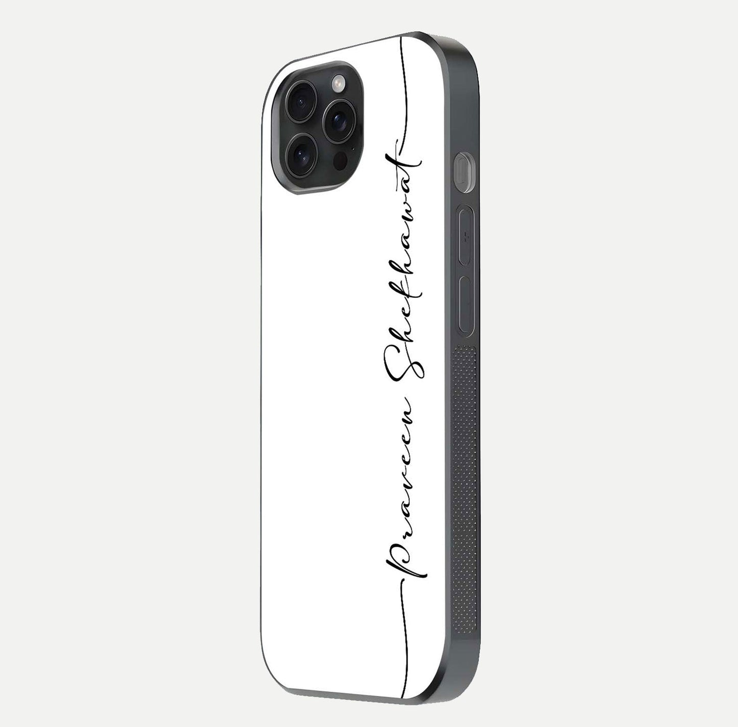 White Tune Custom Name Glass Case for iPhone 15 Pro side-angle image showing shine, gloss, and minimal tone