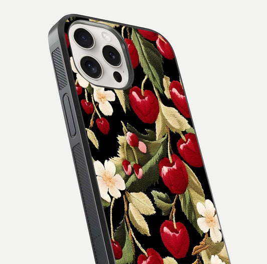 Bloom Thread Art Glass Case for iPhone 15 Pro Max close-up view highlighting fine line details and glossy shine