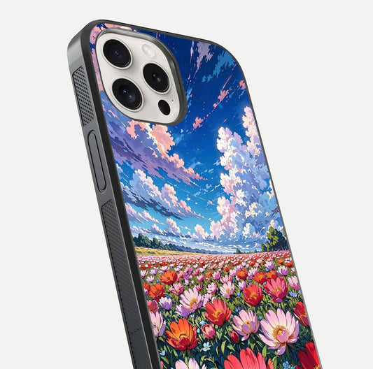 Blossom Sky Field Glass Case for iPhone 15 Pro Max close-up image showing petal patterns and subtle sky gradient