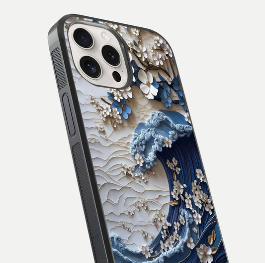Blossom Wave Art Glass Case for iPhone 15 Pro Max close-up shot highlighting wave motion in floral art and reflection