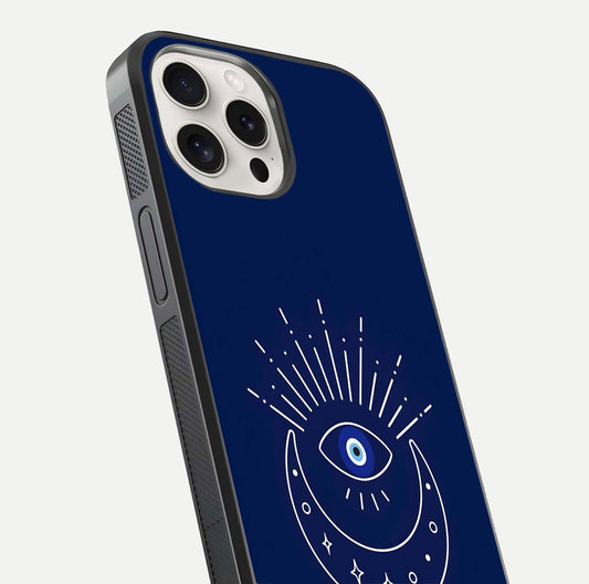 Blue Evil Eye Glass Case for iPhone 15 Pro Max close-up shot highlighting eye motif, protection symbol, and glass shine