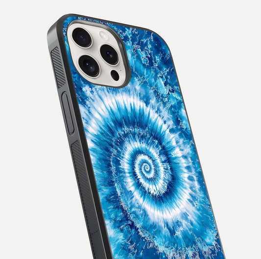 Blue Galaxy Wave Glass Case for iPhone 15 Pro Max close-up highlighting fluid wave motion and deep-blue reflection