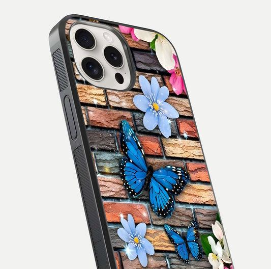 Brick Bloom Flight Glass Case for iPhone 15 Pro Max close-up angle highlighting flower clusters and reflection detail