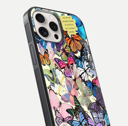 Butterflies Petal Dream Glass Case for iPhone 15 Pro Max close-up highlighting butterfly wings and pink petal gloss