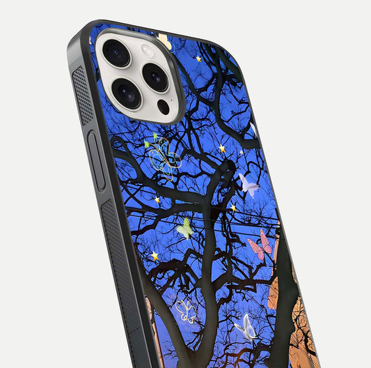 Butterfly Night Magic Glass Case for iPhone 15 Pro Max close-up highlighting wings reflection and gloss shimmer