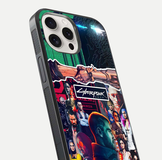 CYBERPUNK Legacy Glass Case for iPhone 15 Pro Max close-up highlighting circuit texture and reflection tone
