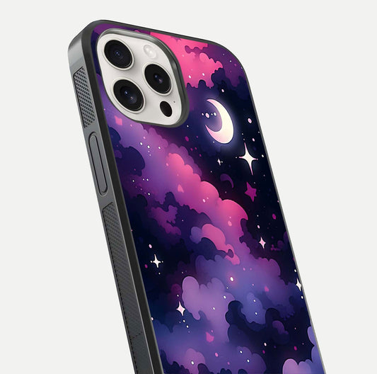 Celestial Moon Magic Glass Case for iPhone 15 Pro Max close-up view highlighting moon crater detail and glass shine