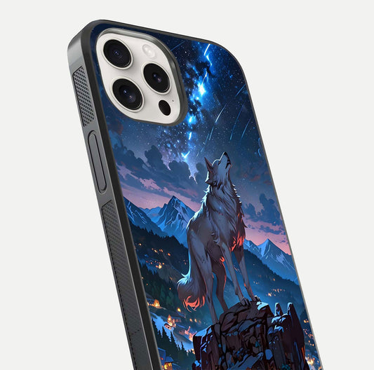 Celestial Wolf Howl Glass Case for iPhone 15 Pro Max close-up showing wolf silhouette and glowing moon reflection