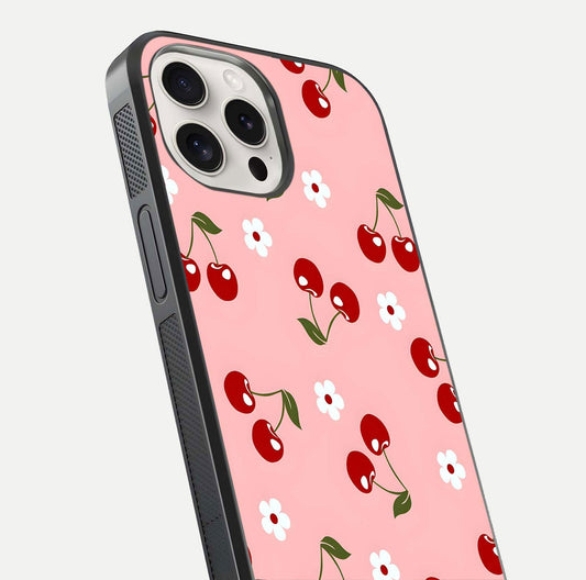 Cherry Love Mood Glass Case for iPhone 15 Pro Max close-up highlighting cherry heart pattern and reflection shine
