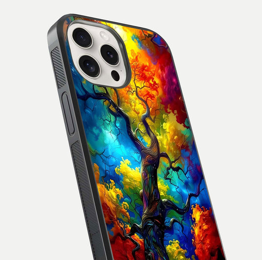 Colorful Tree Glass Case for iPhone 15 Pro Max close-up highlighting leaf detail, gradient colors, and shine