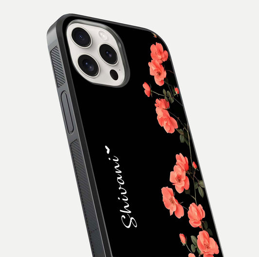 Crimson Bloom Grace Custom Name Glass Case for iPhone 15 Pro Max close-up highlighting flower pattern and reflection texture