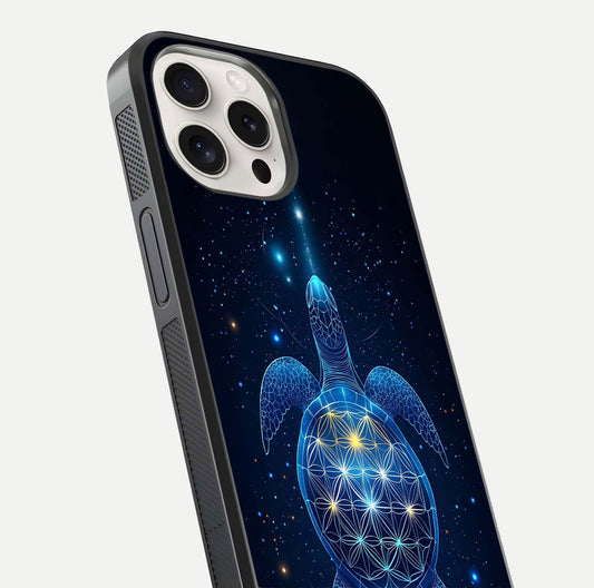 Crimson Blue Turtle Glass Case for iPhone 15 Pro Max close-up highlighting turtle shell detail and shine reflection