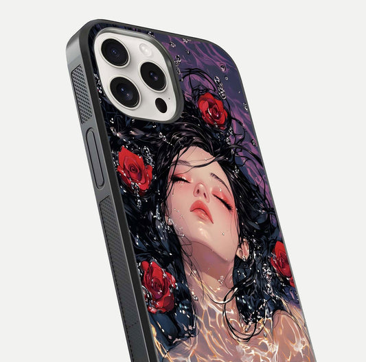 Crimson Rose Serenity Glass Case for iPhone 15 Pro Max close-up highlighting rose gradient and reflection detail