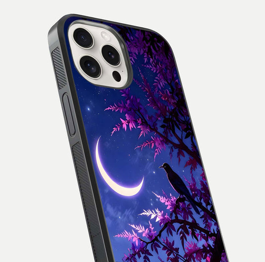Crow & Moon Scenery Glass Case for iPhone 15 Pro Max close-up highlighting moon detail, dark tones, and glass reflection