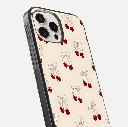 Cute Cherry Pattern Glass Case for iPhone 15 Pro Max close-up showing cherry cluster details and light reflection