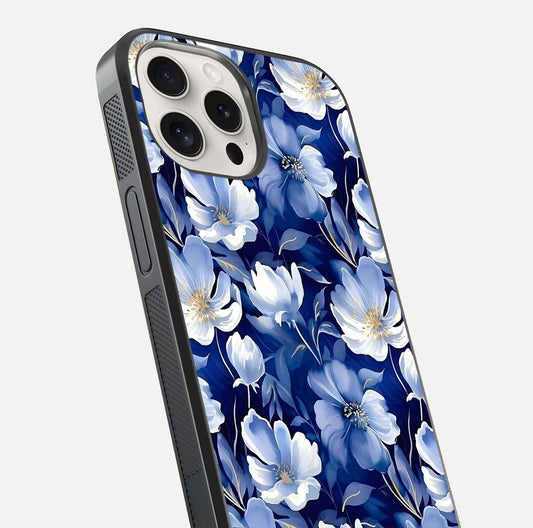 Cute Floral Patterns Glass Case for iPhone 15 Pro Max close-up highlighting flowers and gloss reflection