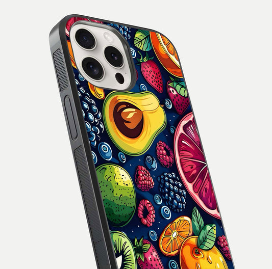 Cute Fruits Art Glass Case for iPhone 15 Pro Max close-up highlighting fruit shapes, color tones, and reflection polish