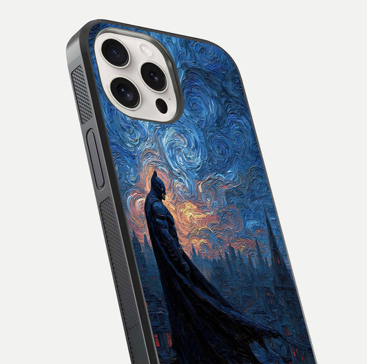 Dark Knight Dusk Glass Case for iPhone 15 Pro Max close-up highlighting dark suit texture and reflection detail