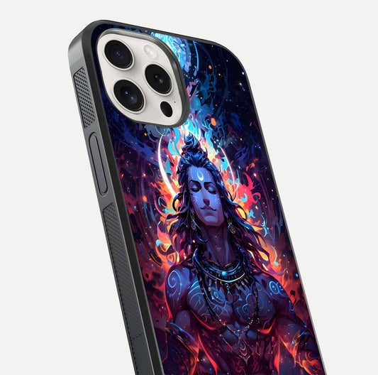 Divine Fire Shiv Glass Case for iPhone 15 Pro Max close-up highlighting divine detailing and reflection depth