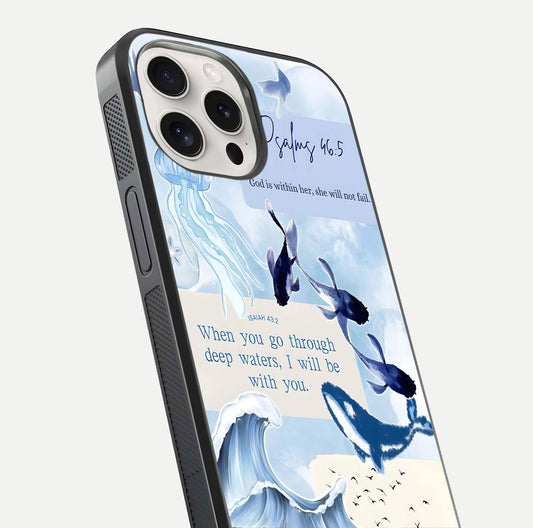 Faithful Ocean Promise Glass Case for iPhone 15 Pro Max close-up highlighting water reflection and serene blue tones