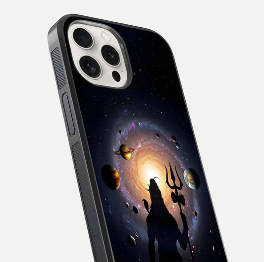 Galactic Shiva Vision Glass Case for iPhone 15 Pro Max close-up angled shot highlighting divine aura, trident details, and reflection shine