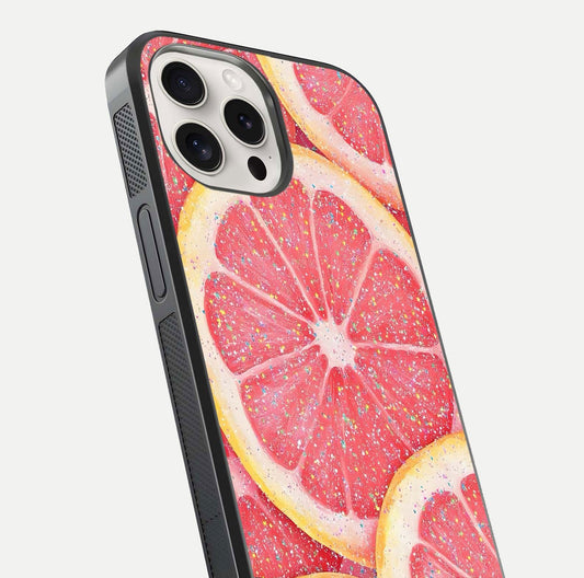 Glitter Grapefruit Glass Case for iPhone 15 Pro Max close-up angled shot showing fruit texture and glitter reflection