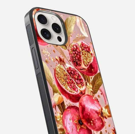 Golden Bloom Glow Glass Case for iPhone 15 Pro Max close-up angled shot showing metallic tones and reflection brilliance