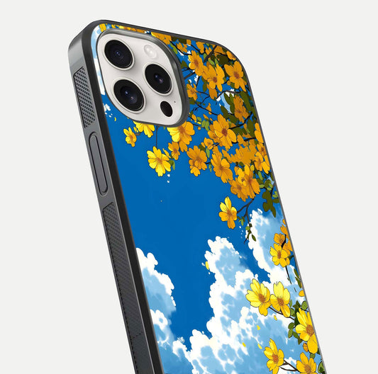 Golden Petal Sky Glass Case for iPhone 15 Pro Max close-up angled shot showing petal texture and shine reflection