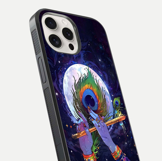 Krishna Hands Art Glass Case for iPhone 15 Pro Max close-up angled shot showing detailed hand design and shine