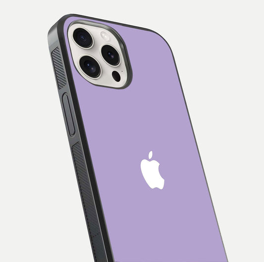 Lavender Soft Minimal Glass Case for iPhone 15 Pro Max close-up angled shot showing clean color texture and shine