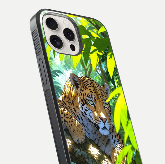 Leopard in Jungle Glass Case for iPhone 15 Pro Max angled close-up showing fur texture and glossy shine reflection