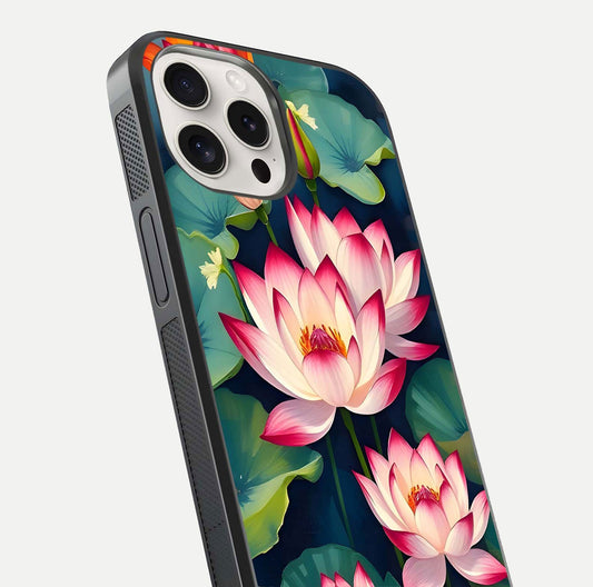 Lotus Dream Serenity Glass Case for iPhone 15 Pro Max close-up angled shot showing floral details and soft shine
