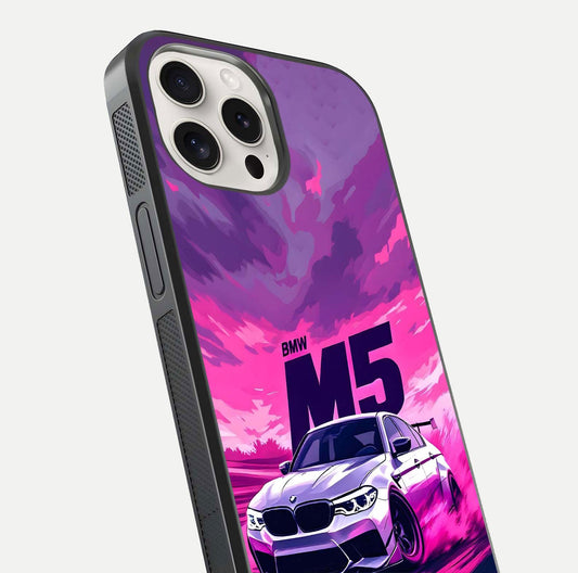MS Neon Car Glass Case for iPhone 15 Pro Max close-up angled shot showing vivid neon reflections and shine