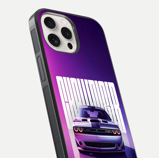 Midnight Muscle Ride Glass Case for iPhone 15 Pro Max close-up angled shot showing HD reflections and car details
