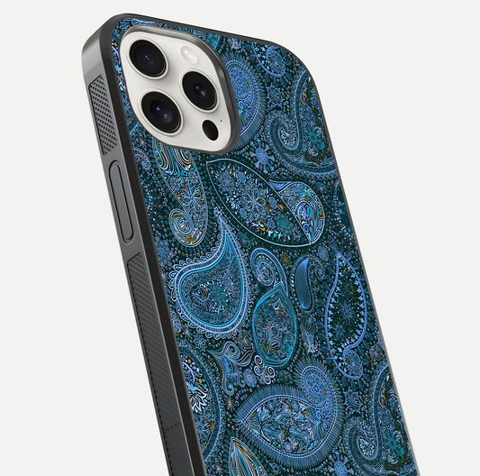Midnight Paisley Glow Glass Case for iPhone 15 Pro Max close-up angled shot showing floral details and gloss texture