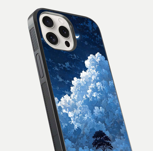 Midnight Sky Serenity Glass Case for iPhone 15 Pro Max close-up angled shot showing starlit tones and reflection