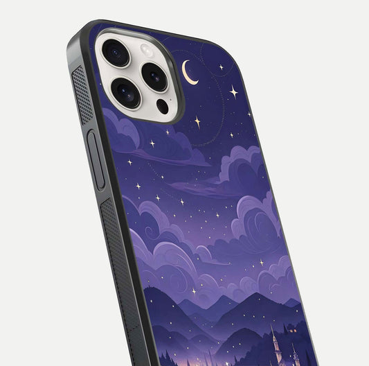 Minimal Night View Glass Case for iPhone 15 Pro Max close-up angled shot showing lights reflection and dark tone details