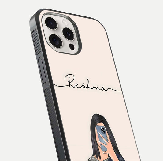 Mirror Mood Muse Custom Name Glass Case for iPhone 15 Pro Max close-up angled shot highlighting gloss and mirror depth