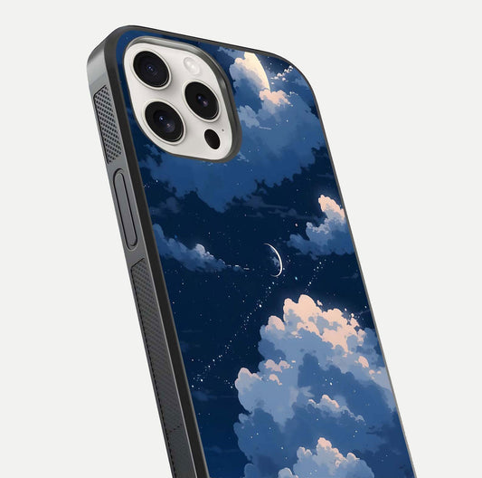 Moon Dream Haze Glass Case for iPhone 15 Pro Max close-up angled shot showing moon reflection and subtle glow